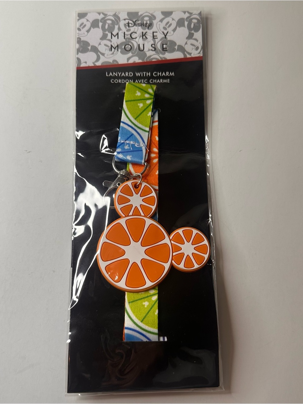 Disney Mickey Mouse Orange Citrus Fruit Lanyard W/ Orange Mickey Icon Charm NEW